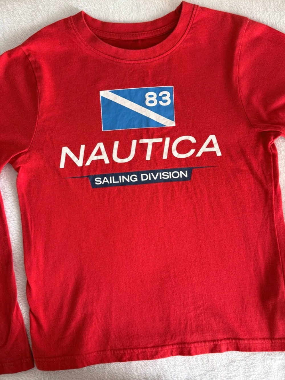 Nautica Red Long Sleeve Tee with Blue & White Sailing Graphic